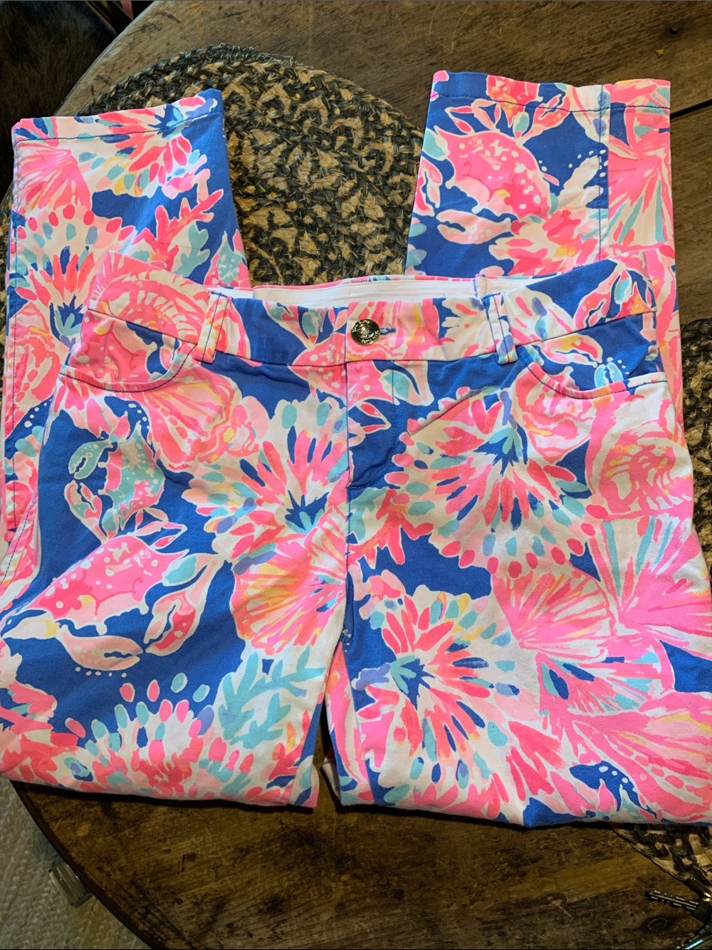 Lilly Pulitzer Sadie Pink, Navy & Cream Floral Ankle Length Cotton Blend Pants - Picture 12 of 13